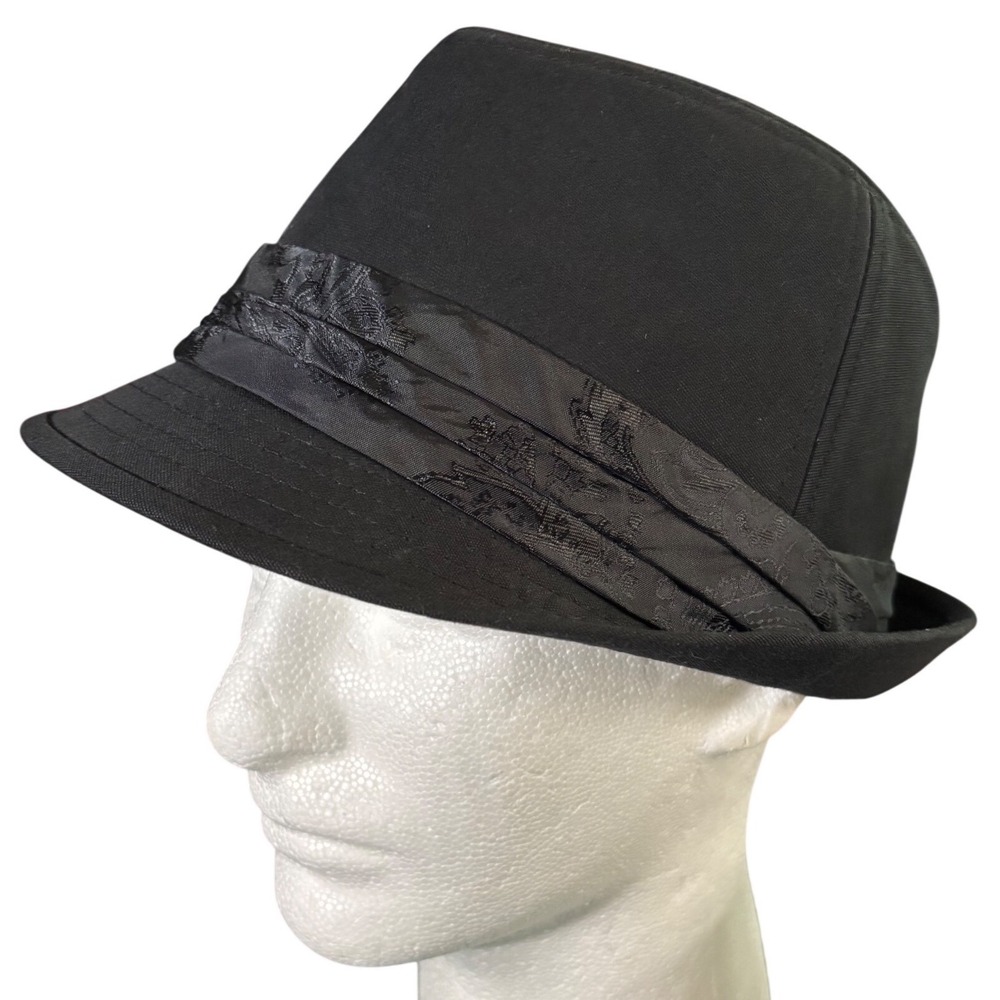 Aldo Black‎ Fedora Hat with Embroidered Pleated Satin Band Trilby Mens Womens